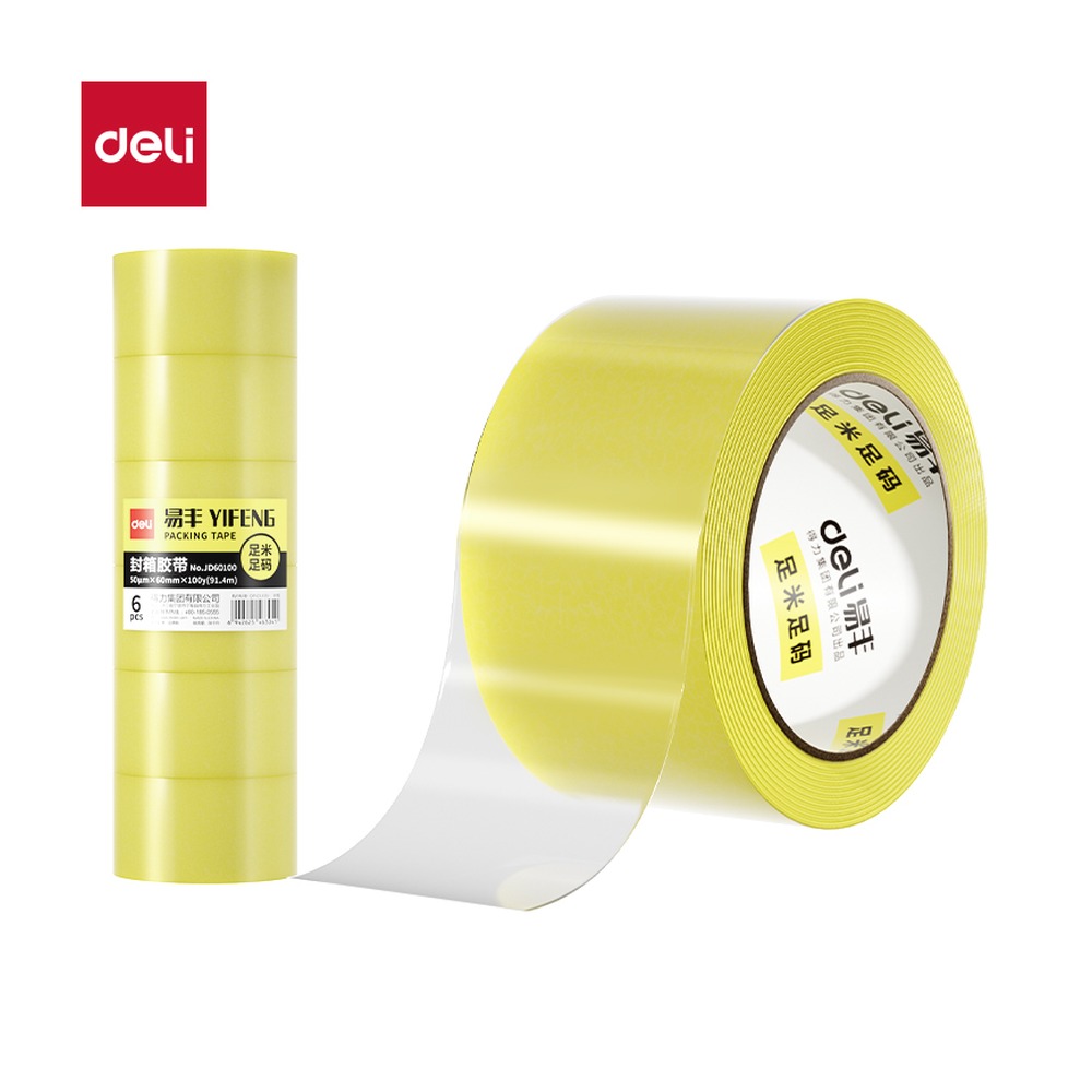 DELI/得力 工业胶带 JD60100 颜色:透明黄；尺寸:60mm*100；包装:6卷/筒；笔芯规格:60mm 单位:筒