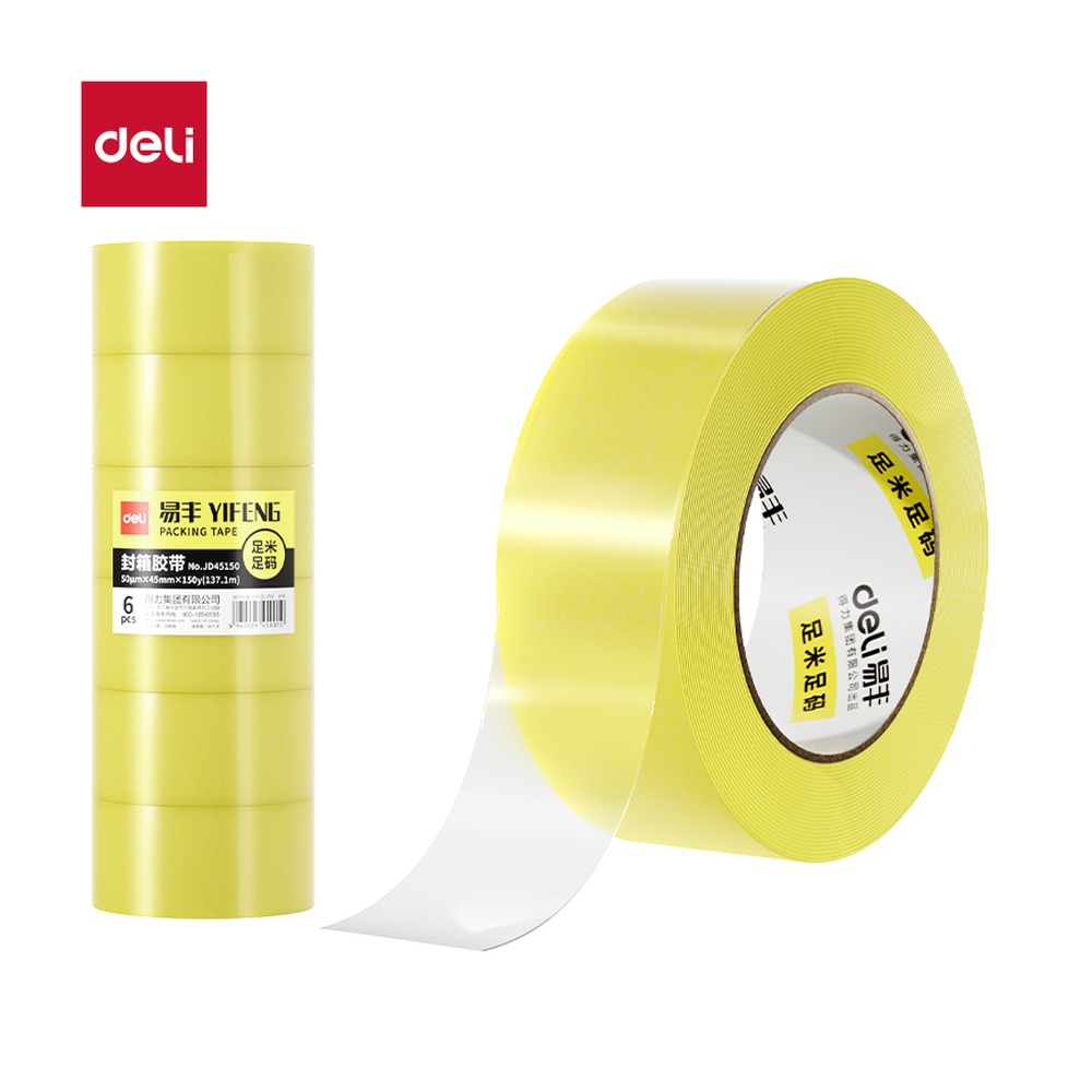 DELI/得力 工业胶带 JD45150 颜色:透明黄；尺寸:45mm*150；包装:6卷/筒；笔芯规格:45mm 单位:筒