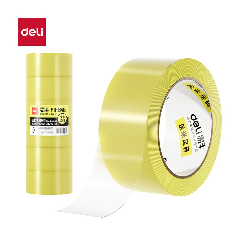 DELI/得力 工业胶带 JD48100 颜色:诱明黄；尺寸:48mm*100；包装:6卷/筒；笔芯规格:48mm 单位:筒