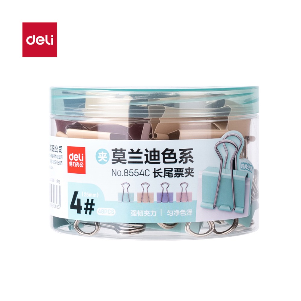 DELI/得力 莫兰迪色系长尾票夹4夹宽筒装 8554C 颜色:混；尺寸:25MM；包装:48个/筒；笔芯规格:25MM 单位:筒