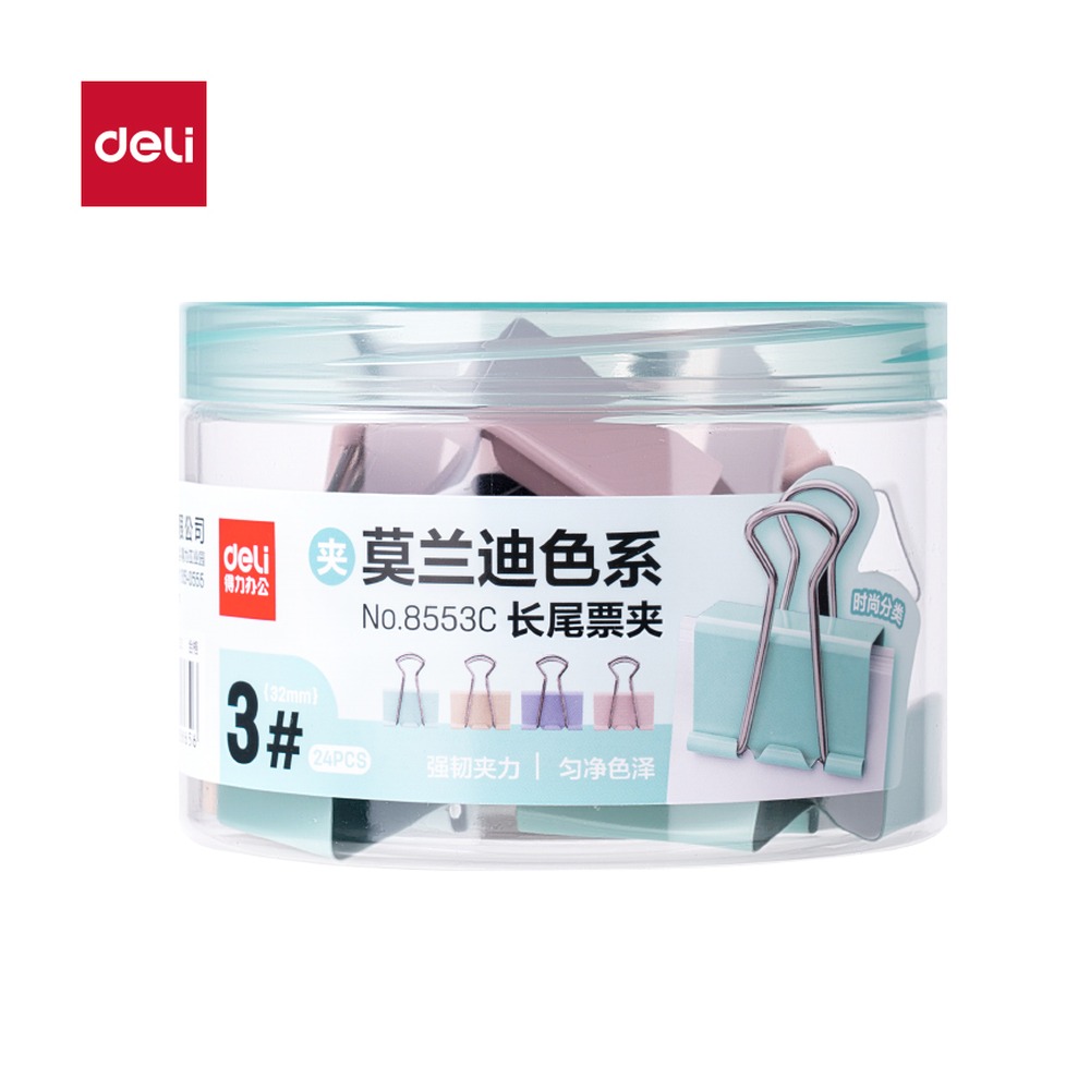 DELI/得力 莫兰迪色系长尾票夹3夹宽筒装 8553C 颜色:混；尺寸:32MM；包装:24个/筒；笔芯规格:32MM 单位:筒