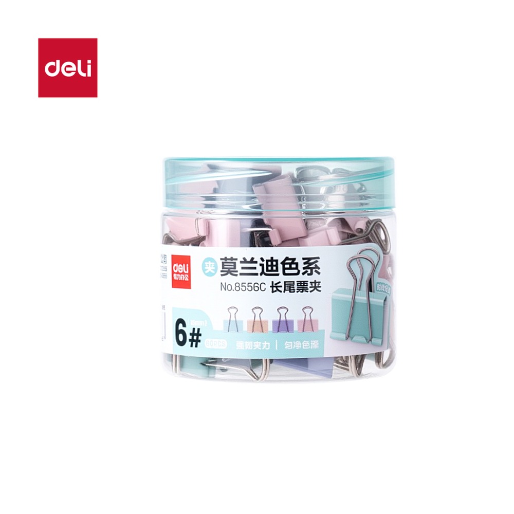DELI/得力 莫兰迪色系长尾票夹6夹宽筒装 8556C 颜色:混；尺寸:15MM；包装:60个/筒；笔芯规格:15MM 单位:筒