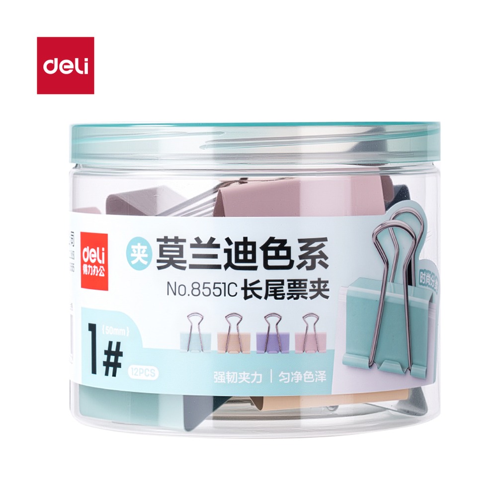 DELI/得力 莫兰迪色系长尾票夹1夹宽筒装 8551C 颜色:混；尺寸:50MM；包装:12个/筒；笔芯规格:50MM 单位:筒