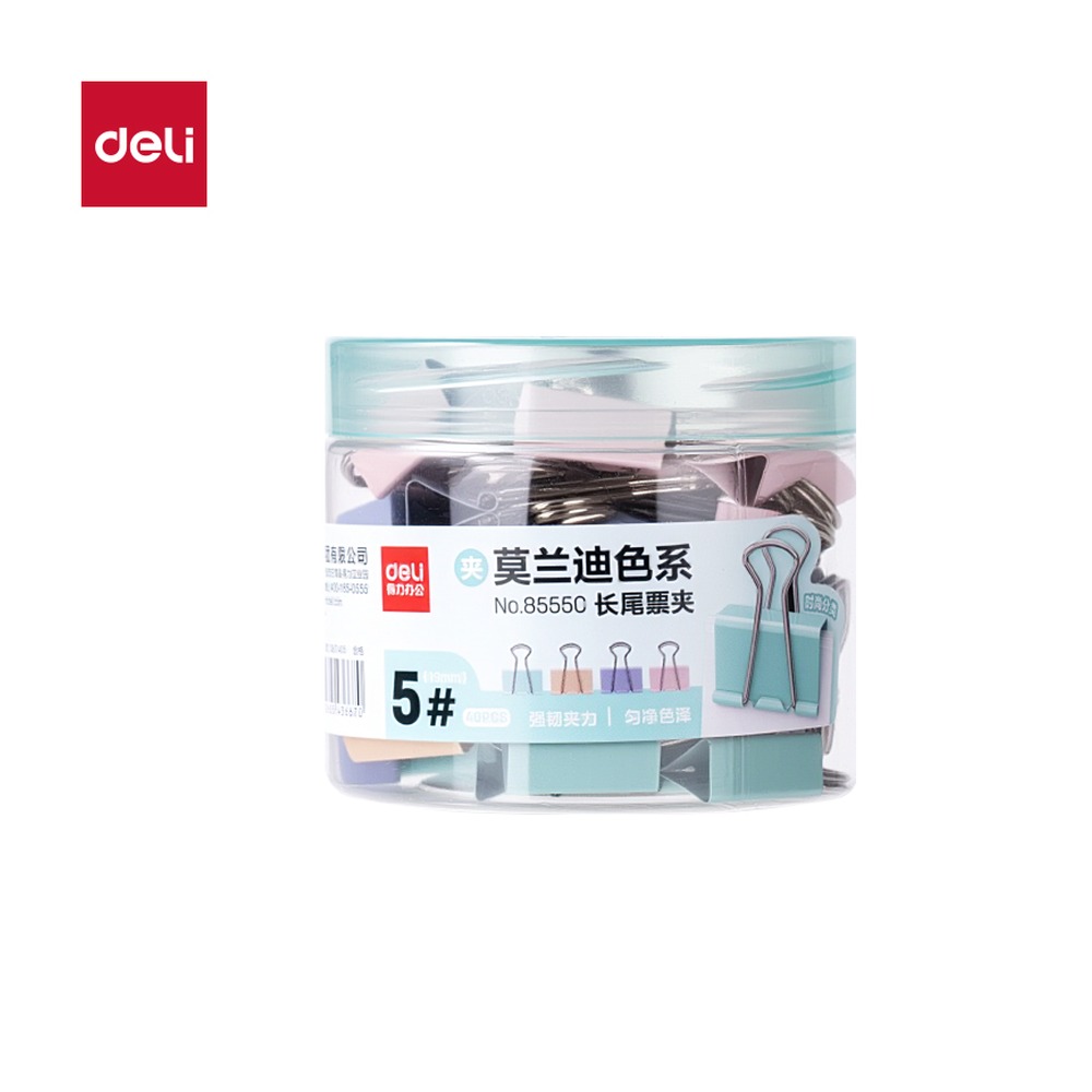 DELI/得力 莫兰迪色系长尾票夹5夹宽筒装 8555C 颜色:混；尺寸:19MM；包装:40个/筒；笔芯规格:19MM 单位:筒