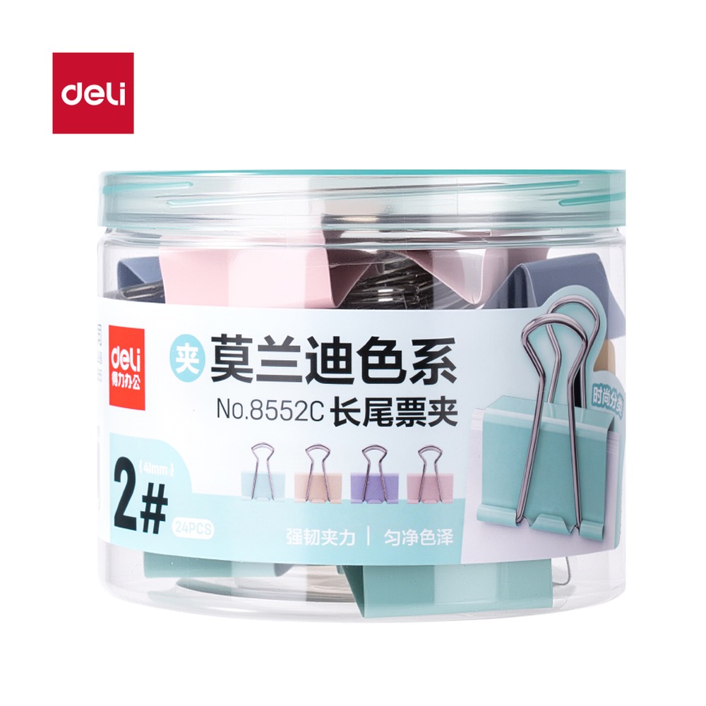 DELI/得力 莫兰迪色系长尾票夹2夹宽筒装 8552C 颜色:混；尺寸:41MM；包装:24个/筒；笔芯规格:41MM 单位:筒