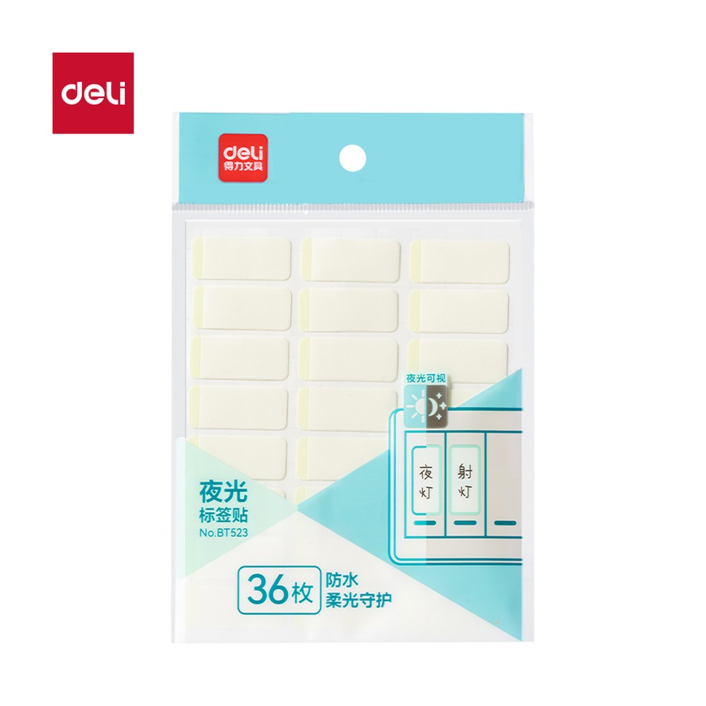 DELI/得力 防水带膜夜光贴纸 BT523 规格:36贴/2张；颜色:混；尺寸:(43446mm+28*12mm)mm；包装:2张/包 单位:袋