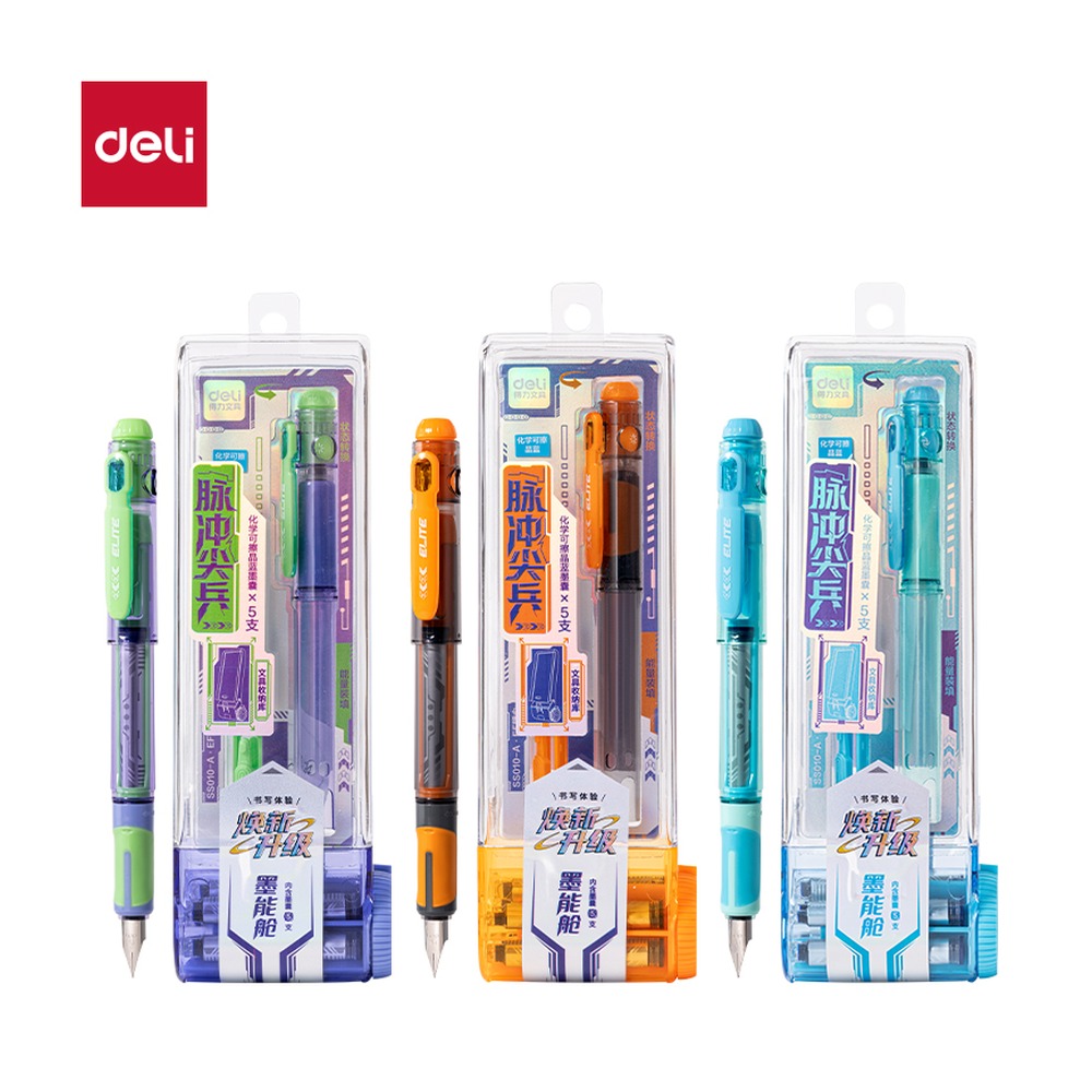 DELI/得力 脉冲尖兵学生钢笔EF明尖 SS010-A 颜色:可擦晶蓝；容量:4 TB；包装:1笔+5墨囊/盒；笔芯规格:EF明尖 单位:盒