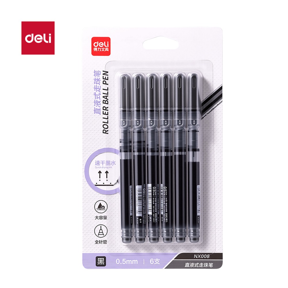 DELI/得力 直液式走珠笔全 NX008 规格:墨水颜色；颜色:黑；尺寸:0.5mm；包装:6支/卡；笔芯规格:0.5mm全针管 单位:卡