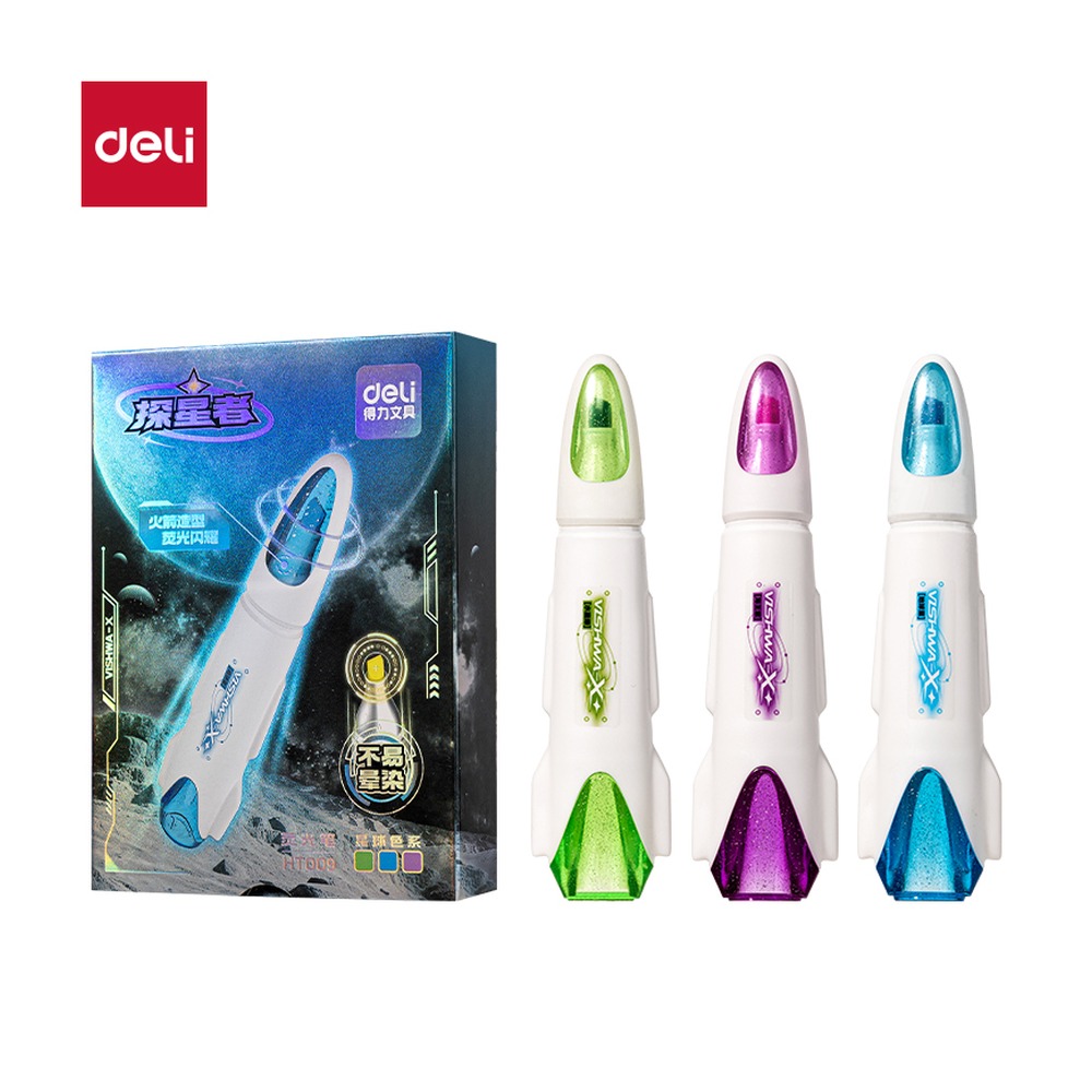 DELI/得力 航天系列探星号抗晕染荧光笔 HT009 颜色:混；包装:3支/盒 单位:盒