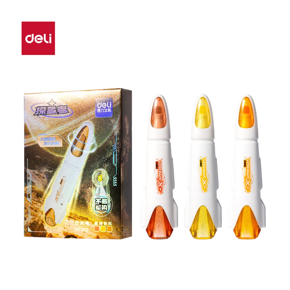 DELI/得力 航天系列探星号抗晕染荧光笔 HT010 颜色:混；包装:3支/盒 单位:盒