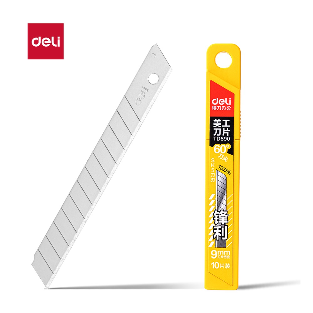 DELI/得力 美工刀片30°银刃 TD690 颜色:银色；尺寸:0.4mm*9mm*80mm；其他:9mm 30°银刃；笔芯规格:9mm 单位:盒