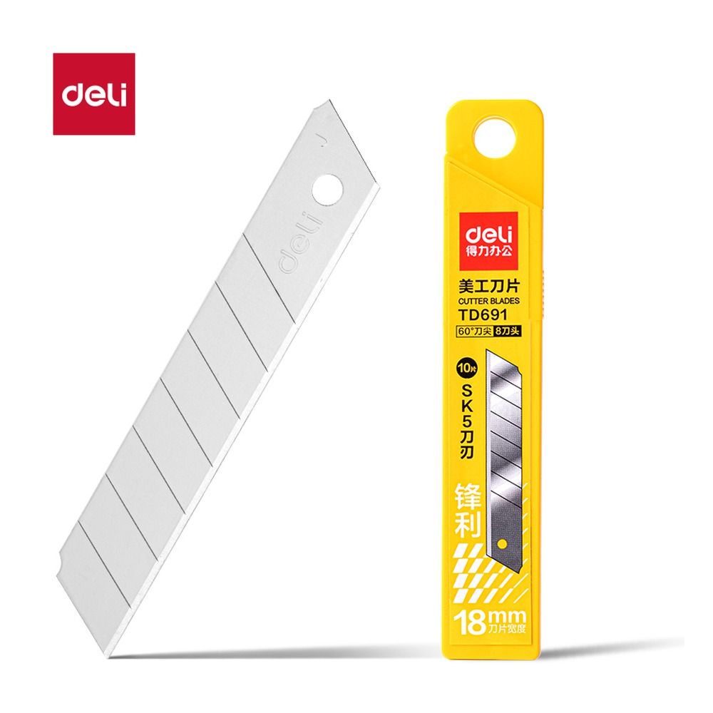 DELI/得力 美工刀片60°银刃 TD691 颜色:银色；尺寸:0.5mm*18mm*100mm；其他:18mm 60°银刃；笔芯规格:18mm 单位:盒