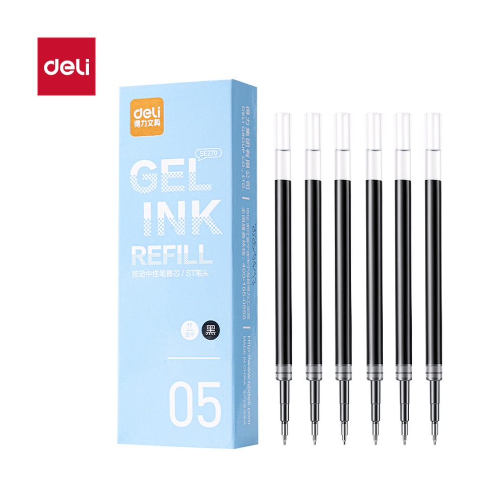 DELI/得力 扩容按动中性笔替芯 SE270 规格:20支装；颜色:黑；尺寸:0.5mm；包装:20支/盒；笔芯规格:0.5mmST头 单位:盒