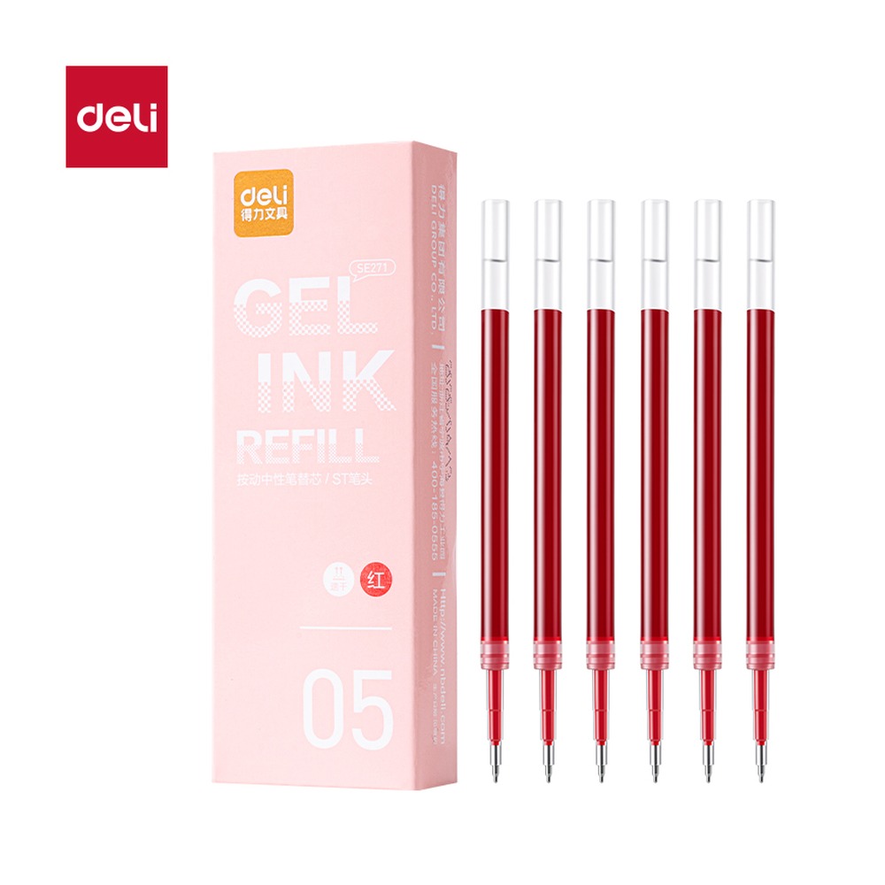 DELI/得力 扩容按动中性笔替芯 SE271 规格:203232；颜色:红；尺寸:0.5mm；包装:20支/盒；笔芯规格:0.5mmST头 单位:盒
