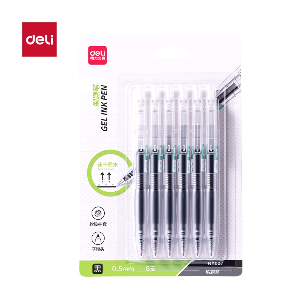 DELI/得力 速干按动中性笔 NX007 规格:墨水颜色；颜色:黑；尺寸:0.5mm；包装:6支/卡；笔芯规格:0.5mm子弹头 单位:卡