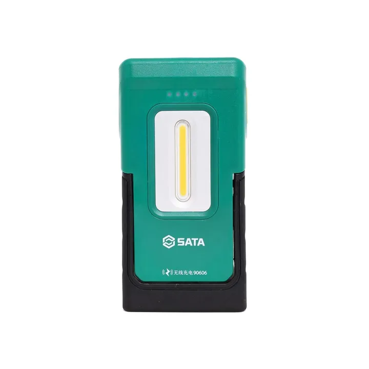 SATA/世达 工业级无线充电折叠工作LED灯 90606 外形尺寸L×W×H：133×67.7×25.5mm 光通量(lm)：300-100（正面灯） 100 （顶灯） 最长续航(小时)：约3-6（正面灯） 约6 （顶灯） 单位:个