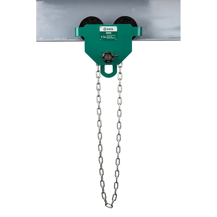SATA/世达 重型手拉单轨小车 98919 额定载荷量(tons)：5 标准运行高度：3m 能通过的最小弯道半径：1.4m 主要尺寸(MM)-A：374min 主要尺寸(MM)-B：377 主要尺寸(MM)-C：353 主要尺寸(MM)-H：196 主要尺寸(MM)-S：42 主要尺寸(MM)-F：1.5-3.0 轨道宽度范围(MM)-M：114-203 净重：42.0kg 单位:个