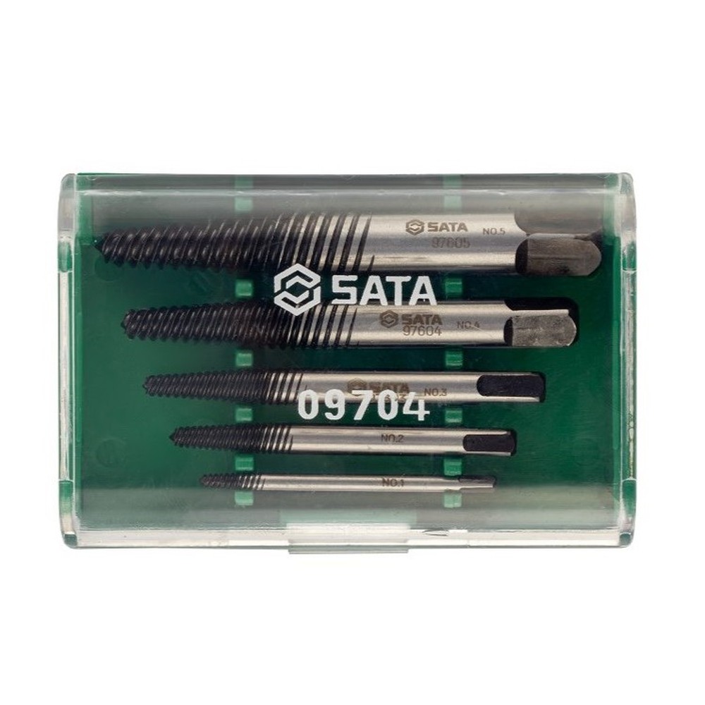 SATA/世达 细牙断丝取出器工具组套 09704 规格：NO.1/NO.2/NO.3/NO.4/NO.5 适用螺丝规格：M3-M6/M6-M8/M8-M10/M10-M14/M14-M18 适用钻头规格：2.0/3.0/4.0/6.5/7.0mm 柄径：Φ3.3/Φ5.3/Φ6.4/Φ8.8/Φ11.2mm 单位:个