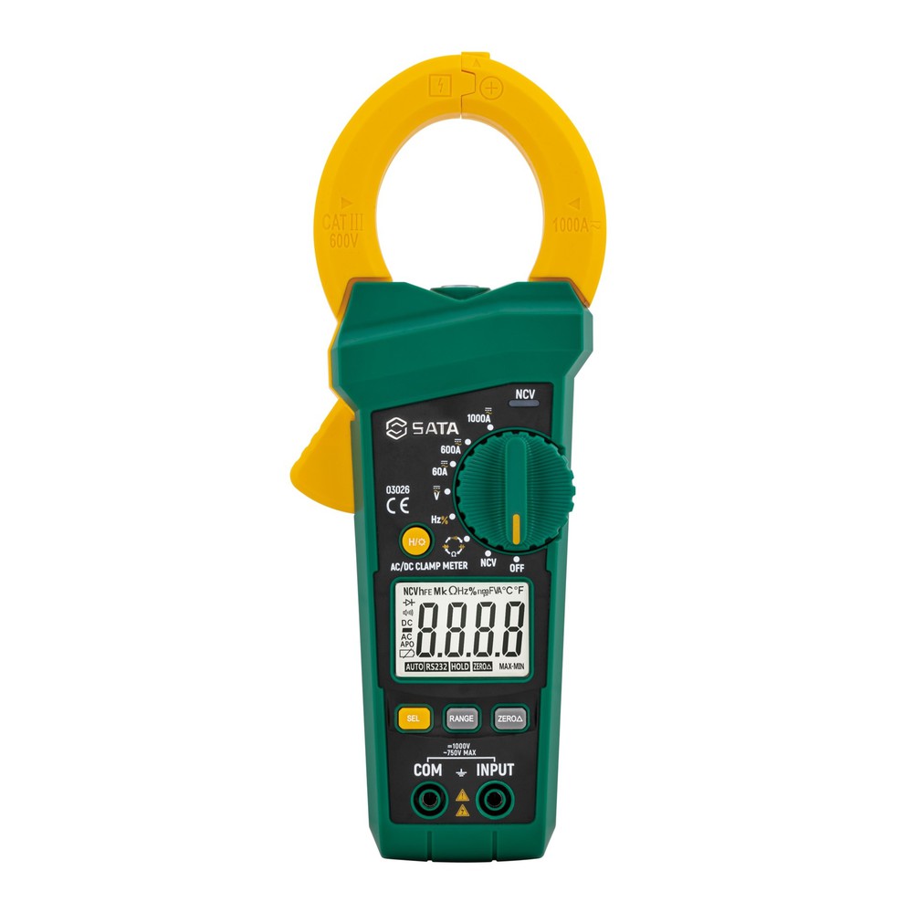 SATA/世达 大钳口交直流钳形万用表 03026 安全等级：CAT III 1000V 最大读值：5999 直流电压：量程600mV/6V/60V/600V/1000V，分辨率0.1mV，基本精度±（0.5%+5） 交流电压：量程6V/60V/600V/750V，分辨率0.001V，基本精度±（1.0%+5） 直流电流：量程60A，分辨率0.01A，基本精度±（3.0%+5），量程600A，分辨率0.1A，基本精度±（3.0%+5），量程1000A，分辨率1A，基本精度±（3.0%+5） 交流电流：量程60A，分辨率0.01A，基本精度±（2.5%+5），量程600A，分辨率0.1A，基本精度±（2.5%+5），量程1000A，分辨率1A，基本精度±（2.5%+5） 电阻：量程600Ω，分辨率0.1Ω，基本精度±（1.0%+5），量程6kΩ/60kΩ/600kΩ/6MΩ，分辨率1Ω，基本精度±（0.8%+5），量程60MΩ，分辨率1kΩ，基本精度±（3.0%+5） 电容：量程99.99nF，分辨率0.01nF，基本精度±（4.0%+10），量程999.9mF/9.999μF/99.99μF/999.9μF，分辨率0.1nF，基本精度±（3.0%+10） 频率：量程9.999Hz/99.99Hz/9.999KHz/99.99KHz/ 999.9KHz/9.999MHz，分辨率0.001Hz，基本精度±（0.5%+5） 频率(使用钳头)：量程40~99.99Hz，分辨率0.01Hz，基本精度±（1.0%+5），量程100~999.9Hz，分辨率0.1Hz，基本精度±（2.0%+5） 占空比：量程5%~95%，分辨率0.1%，基本精度±（2.0%+5） 非接触测试：有 二极管测试：有 短路蜂鸣：有 数据保持：有 背光：有 自动关机：有 照明功能：有 电池：1.5V AAA×3 尺寸：242×92×37mm 重量：372（含电池） 单位:个