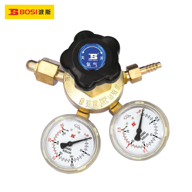 BOSI/波斯 氧气减压器 采用铜材打造，输入 BS473591 输入公称压力：15Mpa,工作范围:0.2-1.25Mpa,流量:40m³/h, 压力表规格：高压25Mpa/低压2.5Mpa.进气连接螺纹:G/8-14,出气连接螺纹:M16X1.5# 单位:个