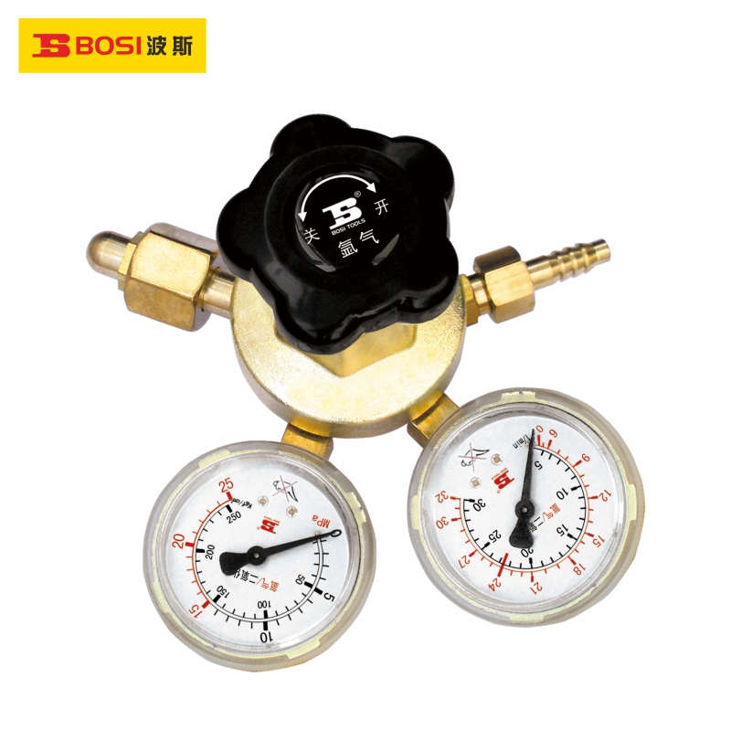 BOSI/波斯 氩气减压器 采用铜材打造，输入 BS473594 输入公称压力：15Mpa, 工作压力：设定、流量:1-25L/min 压力表规格：高压25/低压32L/min,进气连接螺纹:G5/8-14#,出气连接螺纹:M12X1# 单位:个