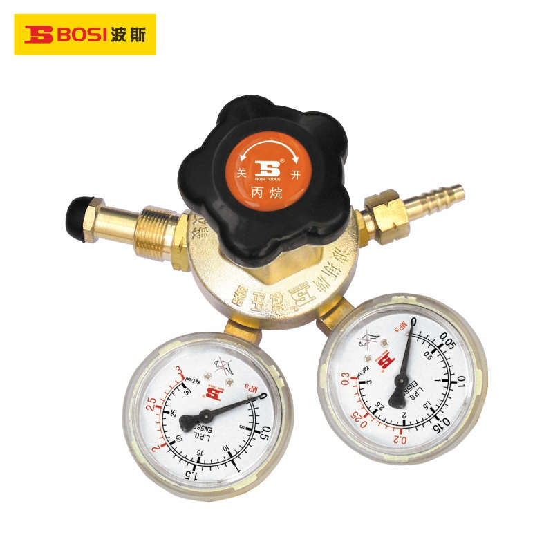 BOSI/波斯 丙烷减压器 采用铜材打造，输入 BS473593 输入公称压力：1.6Mpa,工作范围:0.01-0.2Mpa,流量:6m³/h, 压力表规格：高压3Mpa/低压0.3Mpa.进气连接螺纹:M22X1.5#左,出气连接螺纹:M16X1.5# 单位:个